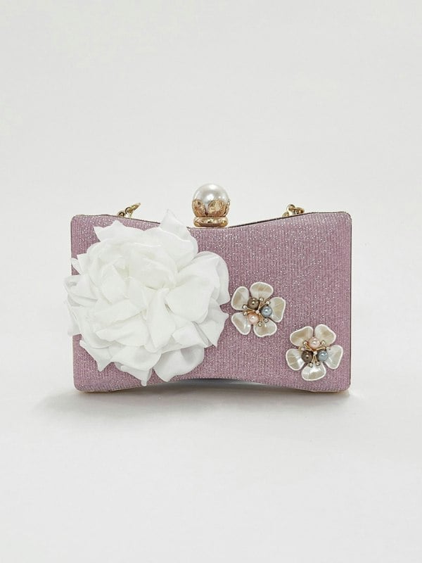 SVNX Square clutch Bag with 3D florals and Rhinestone handle in Pink