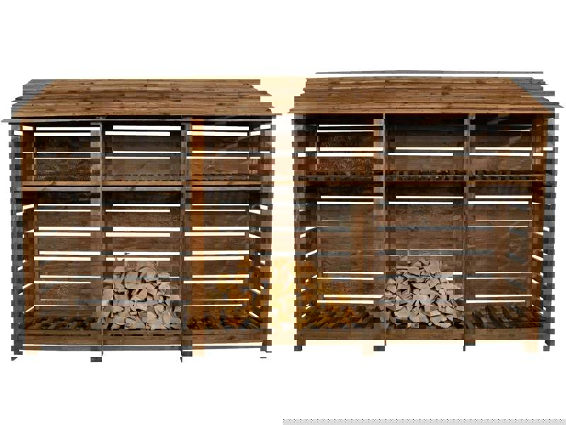 Arbor Garden Solutions Slatted Wooden Log Store with Shelf W-335cm, H-126cm or 180cm, D-88cm - Brown Finish