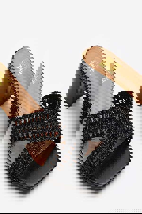 Where's That From Summer Woven Strap Block Heel Slides in Black Faux Leather