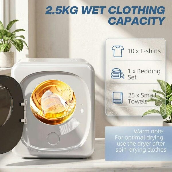 2.5kg Vented Tumble Dryer with Smart Mode, 800W Compact Tumble Dryer with Stainless Steel Tub, Silver Tone