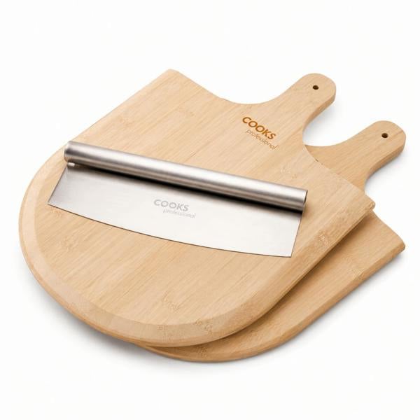 Cooks Professional Pizza Cutter and Double Pizza Board Set