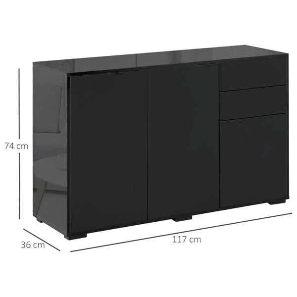 Black side cabinet, 117 cm wide, with two doors and two drawers