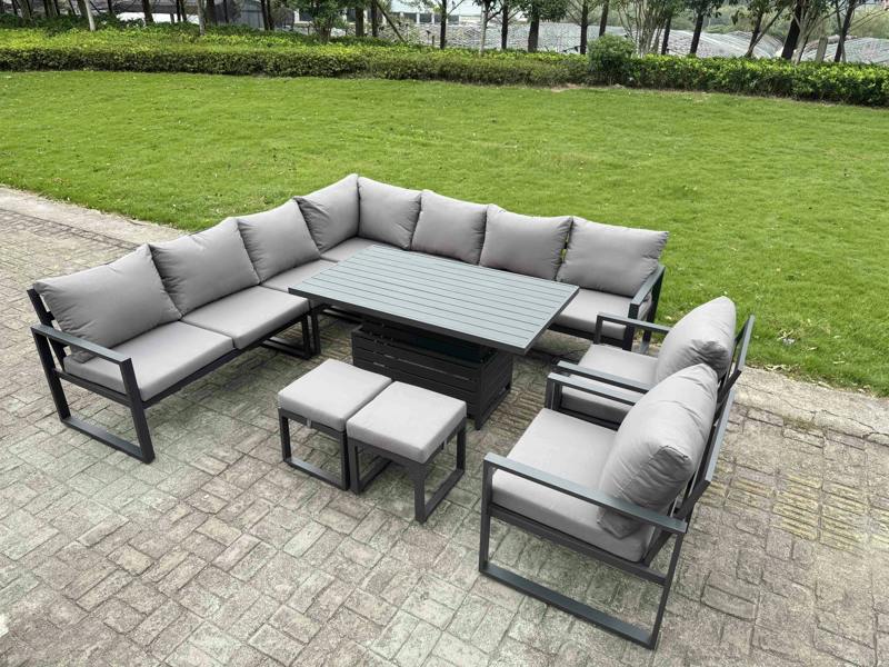 Fimous 11-Seater L-shaped Garden Furniture Set Aluminium Outdoor Dining Set with Adjustable Rising Lifting Dining Table 2 Chairs 2 Small Footstools