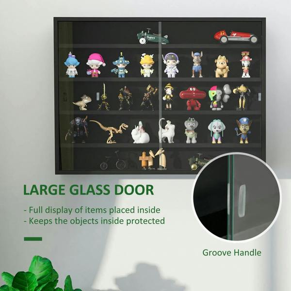 Black wall display cabinet with glass doors and groove handle, shown with ornaments inside