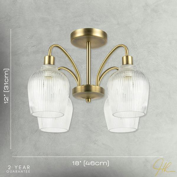 Classy Antique Brass Ceiling Light with Clear Ribbed Glass Shades Image 7