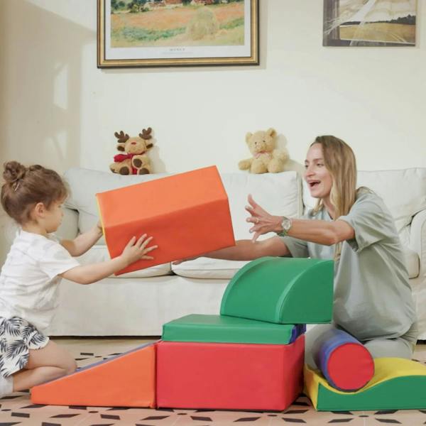 Soft foam building set with large orange-red and green blocks for toddler play
