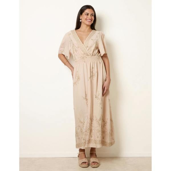 Blue Vanilla Wrap Front Metallic Embroidery Floral Dress