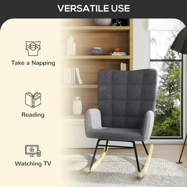 Dark grey wingback rocking chair with icons for taking a nap, reading, and TV watching