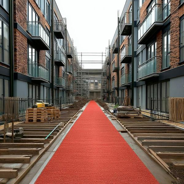 Red spaghetti mat running between modern apartment buildings under construction.