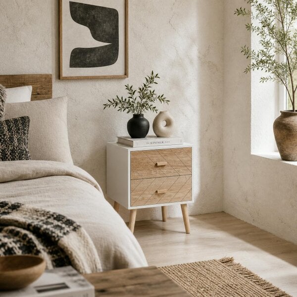 Wyld Haus Sutare Wood Natural Finish 2 Drawer Bedside Table with Chevron Design