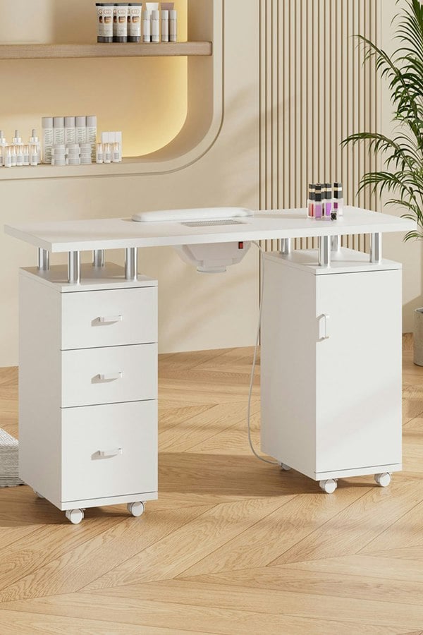 Living and Home Professional Fashion Makeup Desk Dresser Manicure Table Nail Desk with Rolling Wheels For Spa Beauty Salon & Home