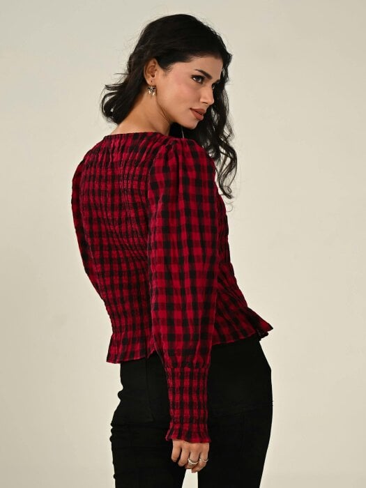Rose & Nancy Mary Red Cotton Check Smocked Shirt