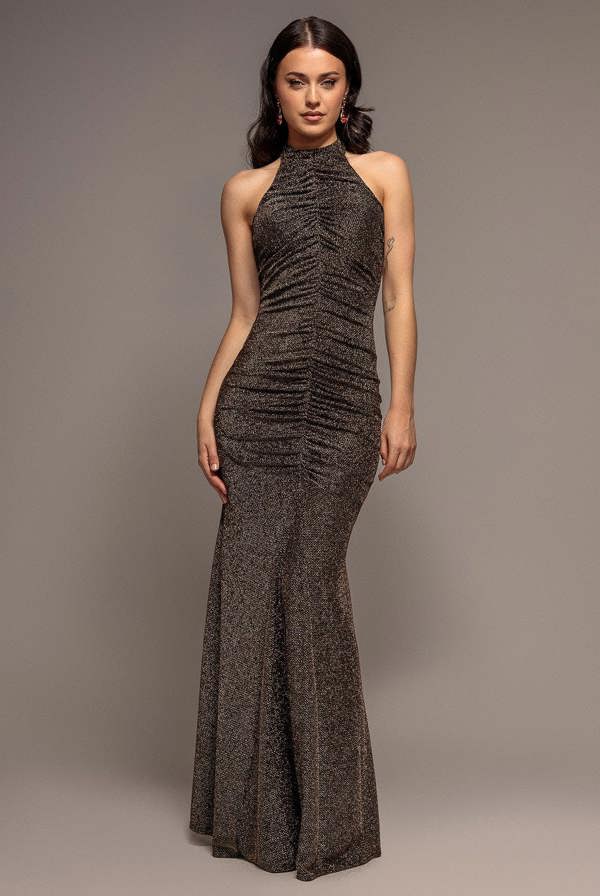 Halter Neck Front Gathered Backless Glitter Maxi Dress - Gold DR5230