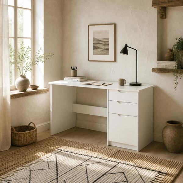 Wyld Haus Niba 120cm High Gloss White Home Office Desk With Drawers And Storage Cabinet