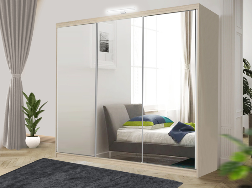 RAC3 Stylish Bedroom Sliding Wardrobe with LED Light -  comes in White/Grey/Black/Oak and Width 100cm/120cm/150cm/180cm/203cm/250cm (Black, 100cm)