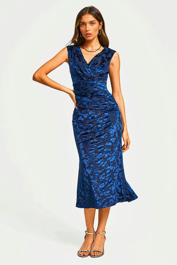 FS Collection Floral Velvet Devore Bardot Pleated Midi Dress In Navy