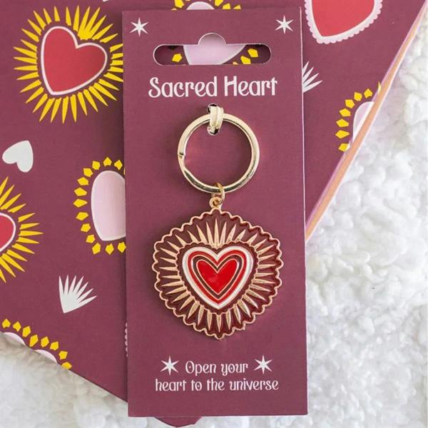 Sacred Heart keyring with round metal ring and red heart medallion charm