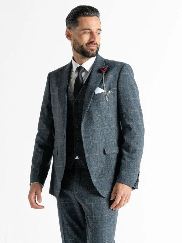 V2 Classic Kensignton Three Piece Suit - Blue Tweed With Orange Checks