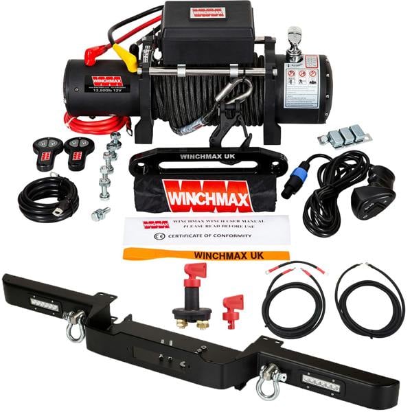 Winchmax 13,500lb (6,123kg) 12V Military Grade Winch Bumper Compatible with Defender 25m x 10mm Armourline Rope, Remotes