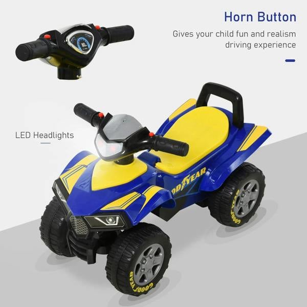 Blue and yellow ride-on quad bike with LED headlights, horn button, carrying handle