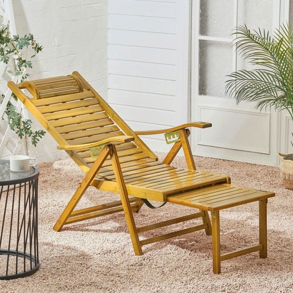 Foldable Bamboo Recliner Lounge Chair with Retractable Footrest Sun Loungers Living and Home