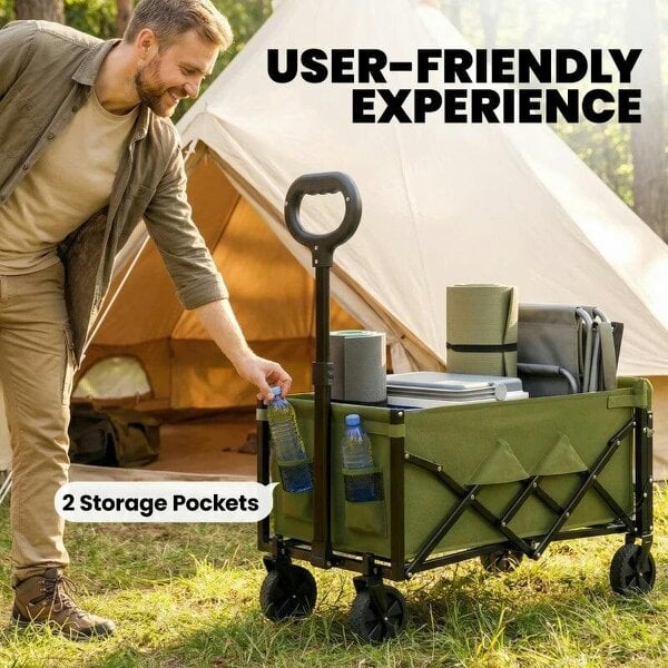 Bobobiy 60L Foldable Festival Trolley on Wheels, Collapsible Wagon Cart with Drop-Down Tailgate, Adjustable Handle, Green