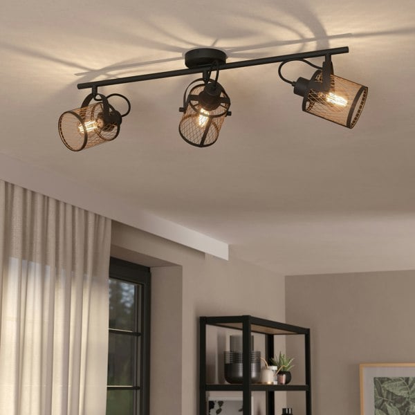 EGLO Dellow 3-Light Black Steel Lattice Style Adjustable Wall Or Ceiling Spotlight