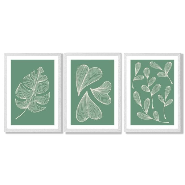 Set of 3 Green Minimal Sketch Leaves  Framed Art Prints with White Wooden Frames