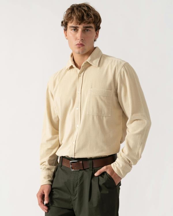 Man wearing BOSS Orange Relegant 6 Mens Long Sleeve Cotton Shirt - Light Beige 271