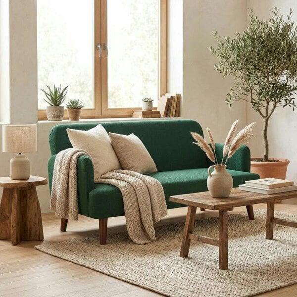Velvet Feel Fabric 2 Seater Sofa, Small Sofa Loveseat with 21cm Thick Padding and Wood Legs, Dark Green - Dark Green