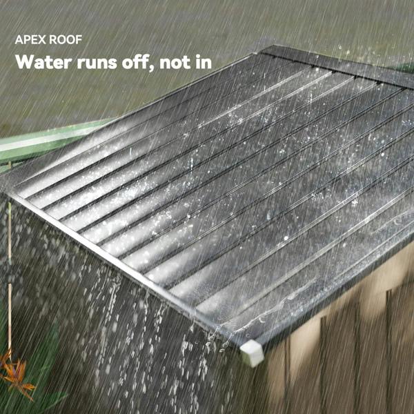 Apex roof metal garden shed with sloped roof panels for water runoff