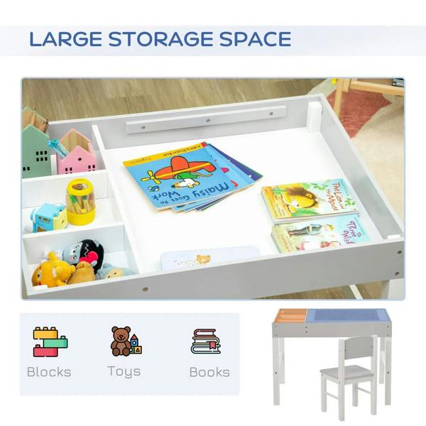 Grey kids table with large open storage compartments for toys, plus matching chair