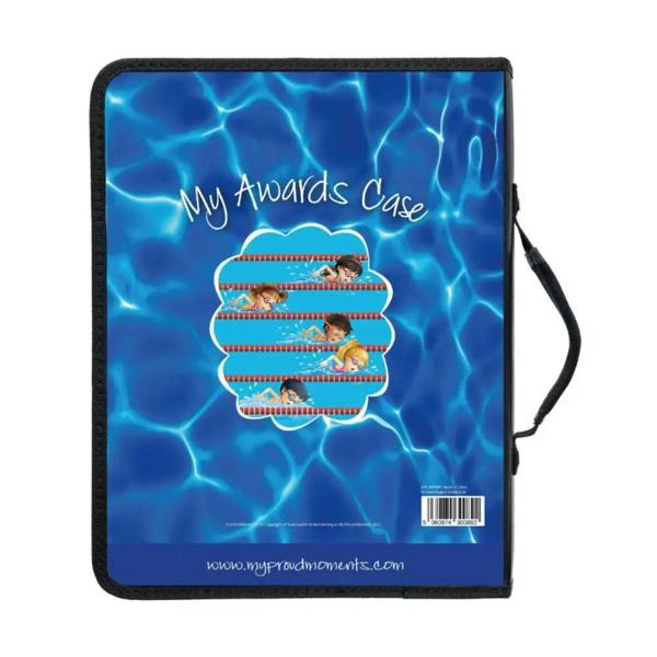 Blue swimmer award case with proud moments design and padded handle