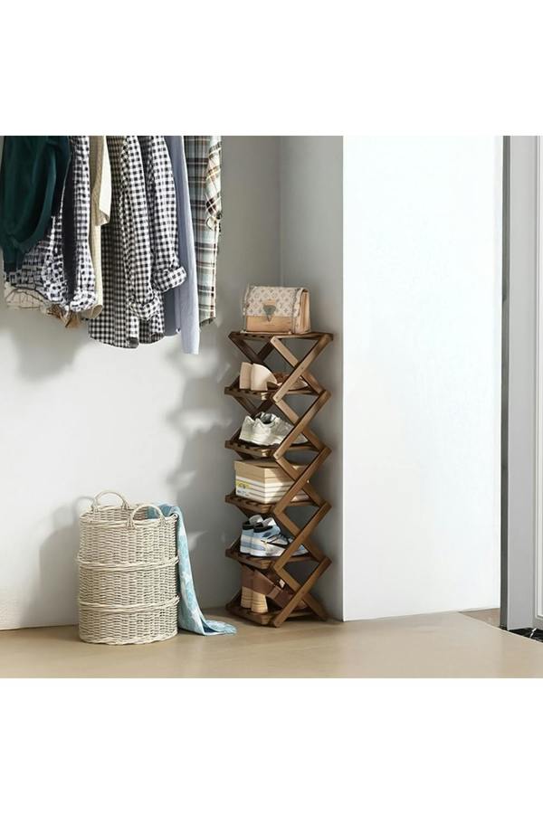 Living and Home 6 Tier Bamboo Folding Shoe Rack Shoe Storage Organiser - Walnut