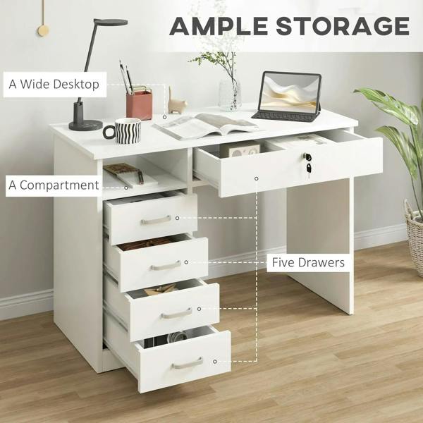 White computer desk with five drawers, open shelves, and central lockable drawer