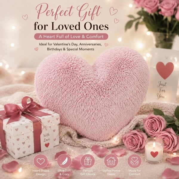 Night Zone Teddy Cuddles Heart Shape Cushion – Soft Teddy Fleece Filled Decorative Cushion - Pink