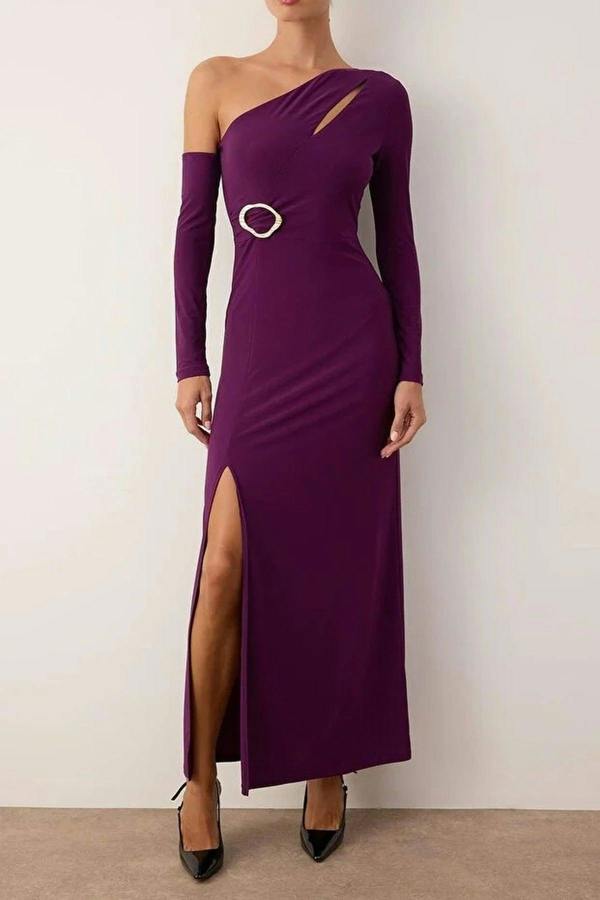 WOVCOR Knit Maxi Evening Dress with Cut Out and Accessory Details