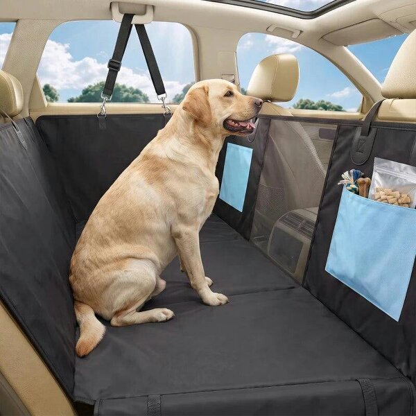Dog Car Seat Cover, Waterproof Dog Travel Hammock w/ Non-Slip & Anti-Scratch Surface, Mesh Window and Pockets, Blue