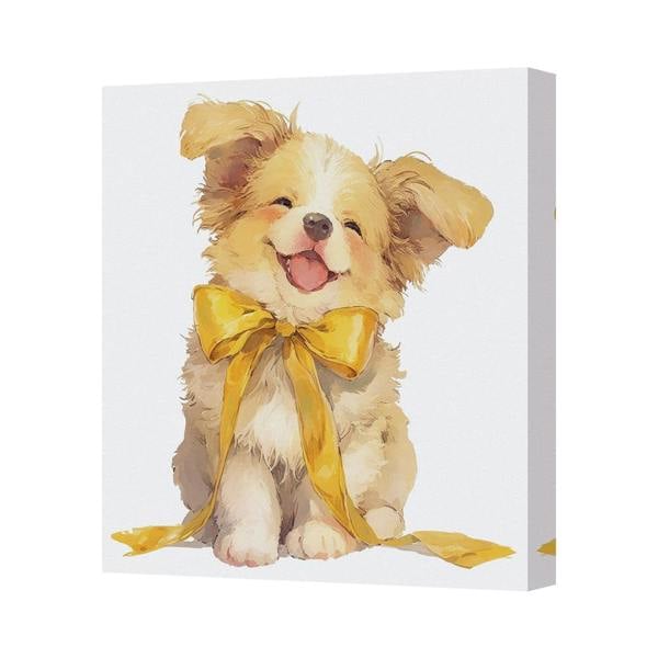 Benjamin Tate Design Cute Puppy Canvas Print With Yellow Bow Dog Wall Art Handmade UK