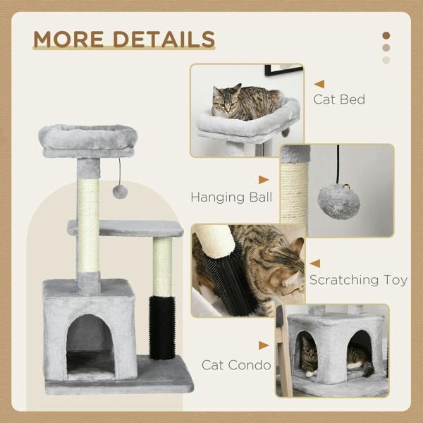 Grey cat tree diagram showing cat bed, hanging ball, scratching toy, and arched condo