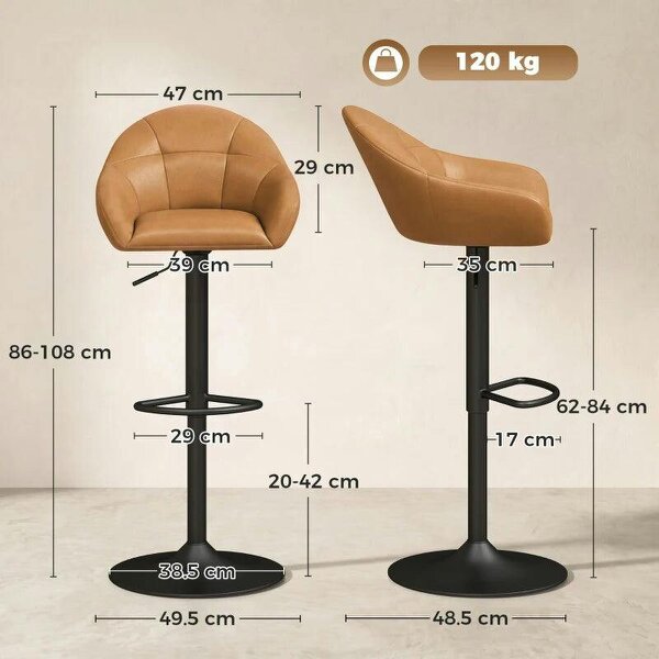 Bar Stools Adjustable Heights Breakfast Bar Stools Backrest Armrests Set of 2, Brown