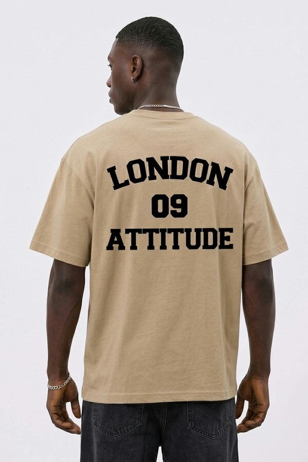 London Attitude Oversized Heavyweight T-Shirt with Varsity Back Print - Sand