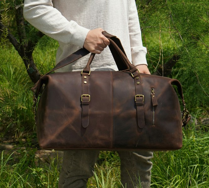 Touribag Zip Detail Genuine Leather Holdall - Dark Brown