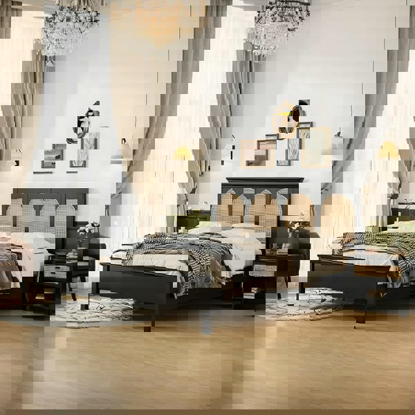 Rosemary Double Bed / King Size / Super King Size, Black Wood With Rattan-Rit Concept-Rit Concept