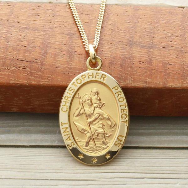 Christopher James of London 9ct Yellow Gold Satin Oval St Christopher Pendant With Optional Engraving and Chain