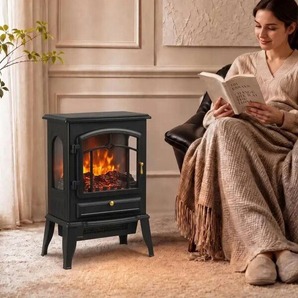 Electric Fireplace Stove, 1000/2000W 3-Sided Freestanding Fireplace Heater with 3D Flame Log, Thermostat, Black - Black