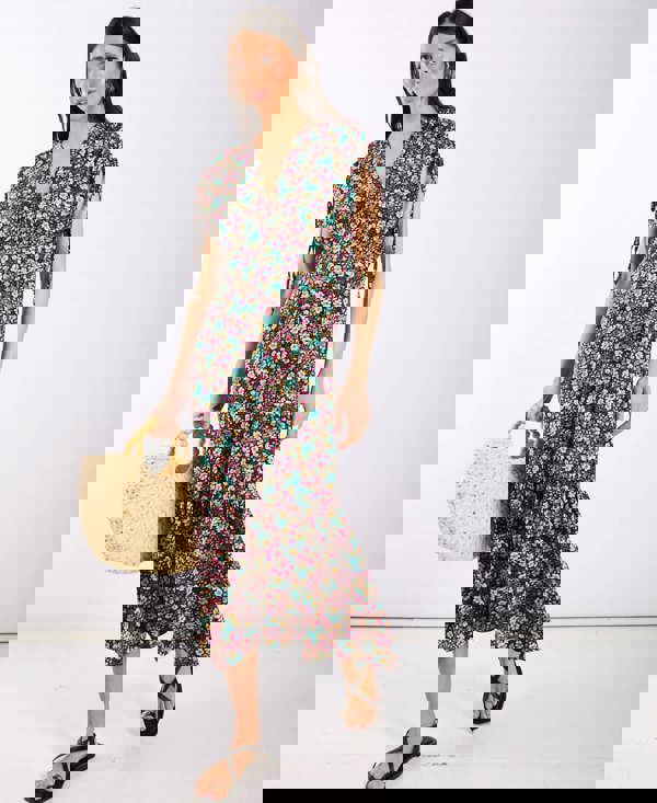 Multicoloured Floral Gathered Sleeve Midi Dress