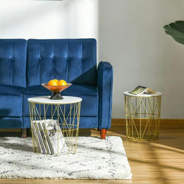 Set of 2 round nesting side tables with white tops and gold wire frames with storage