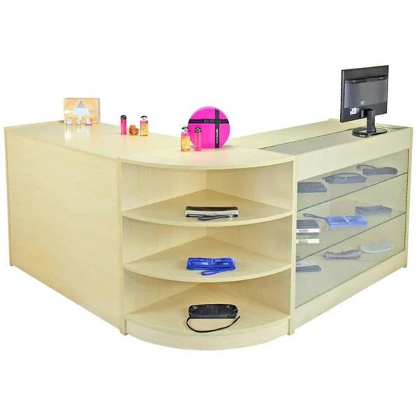 Titan Maple Shop Counter with curved design, light maple finish, glass display shelves, and decorative items on top