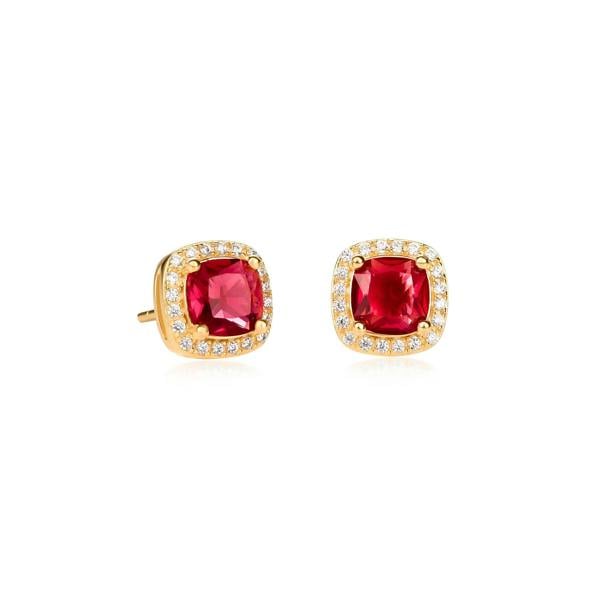 namana Gold Plated Sterling Silver Red Cubic Zirconia Cushion Halo Stud Earrings